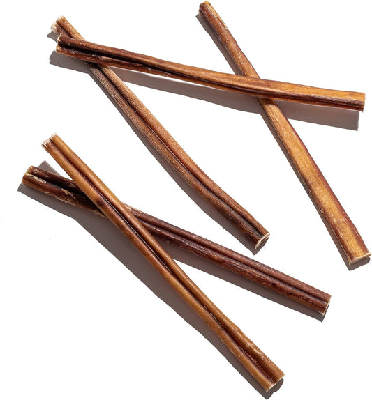 All-natural grass-fed beef bully sticks for dog dental health displayed on a clean background.