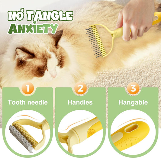 Fiopet new dog deshedding brush side angle highlighting the ergonomic blue non-slip handle.
