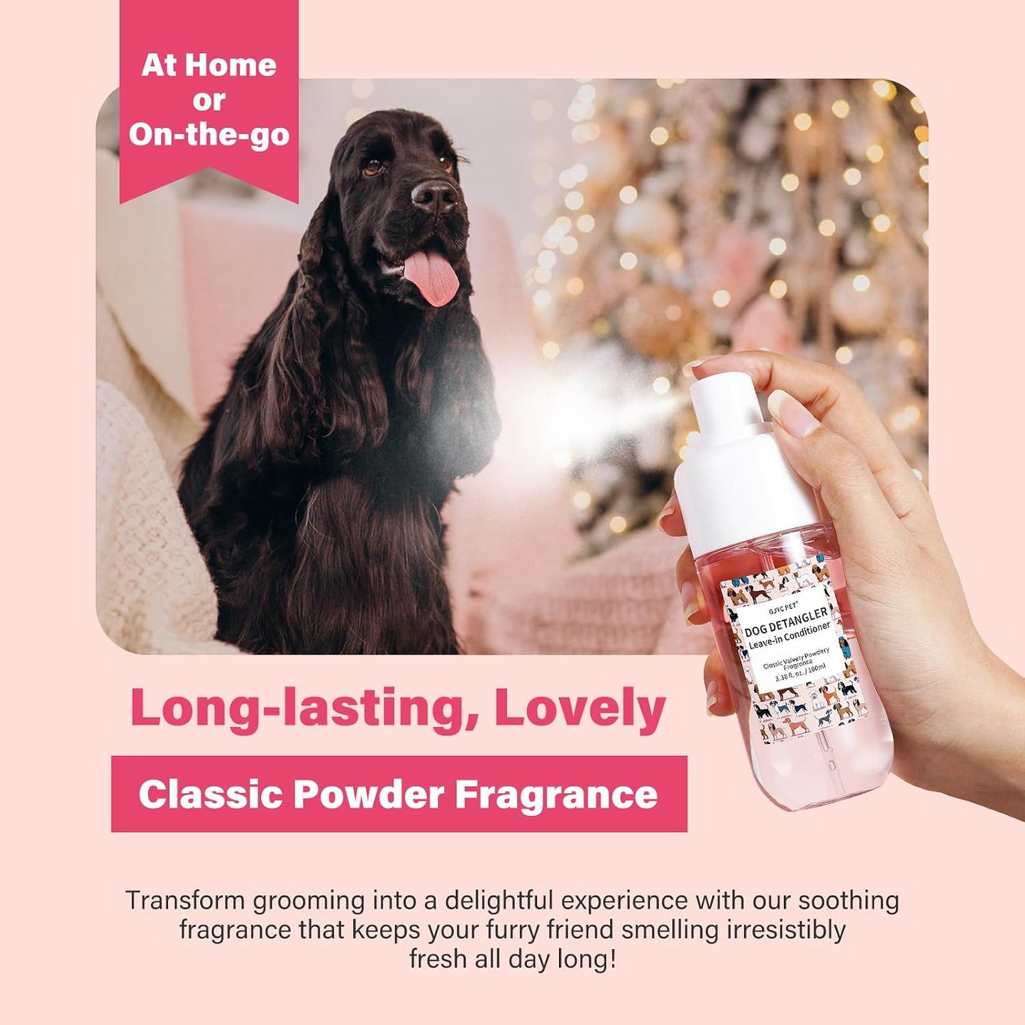 Close up look at the fine mist spray nozzle of the GJYC PET dog detangler product.