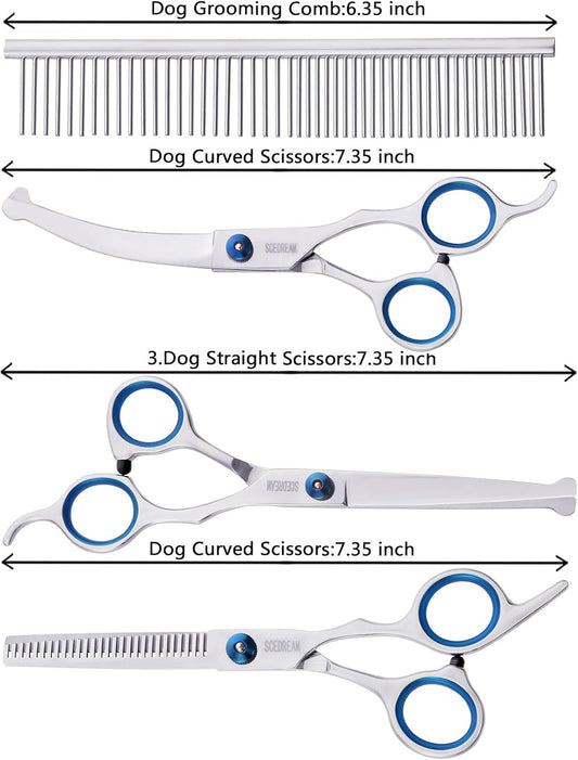 Professional curved pet grooming shears showing blunt safety tips for dogs