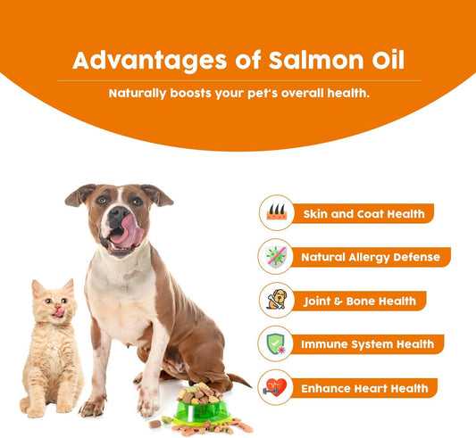 Heapets liquid fish oil pet supplement being pumped over dry dog food kibble.