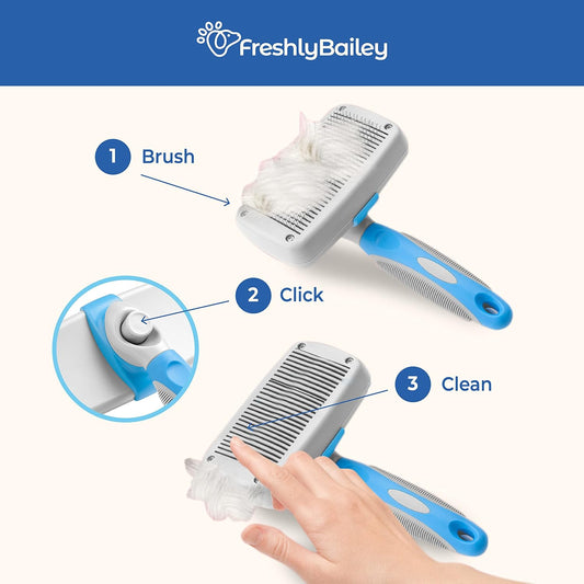 Freshly Bailey pet brush retractable bristles mechanism for easy cleanup