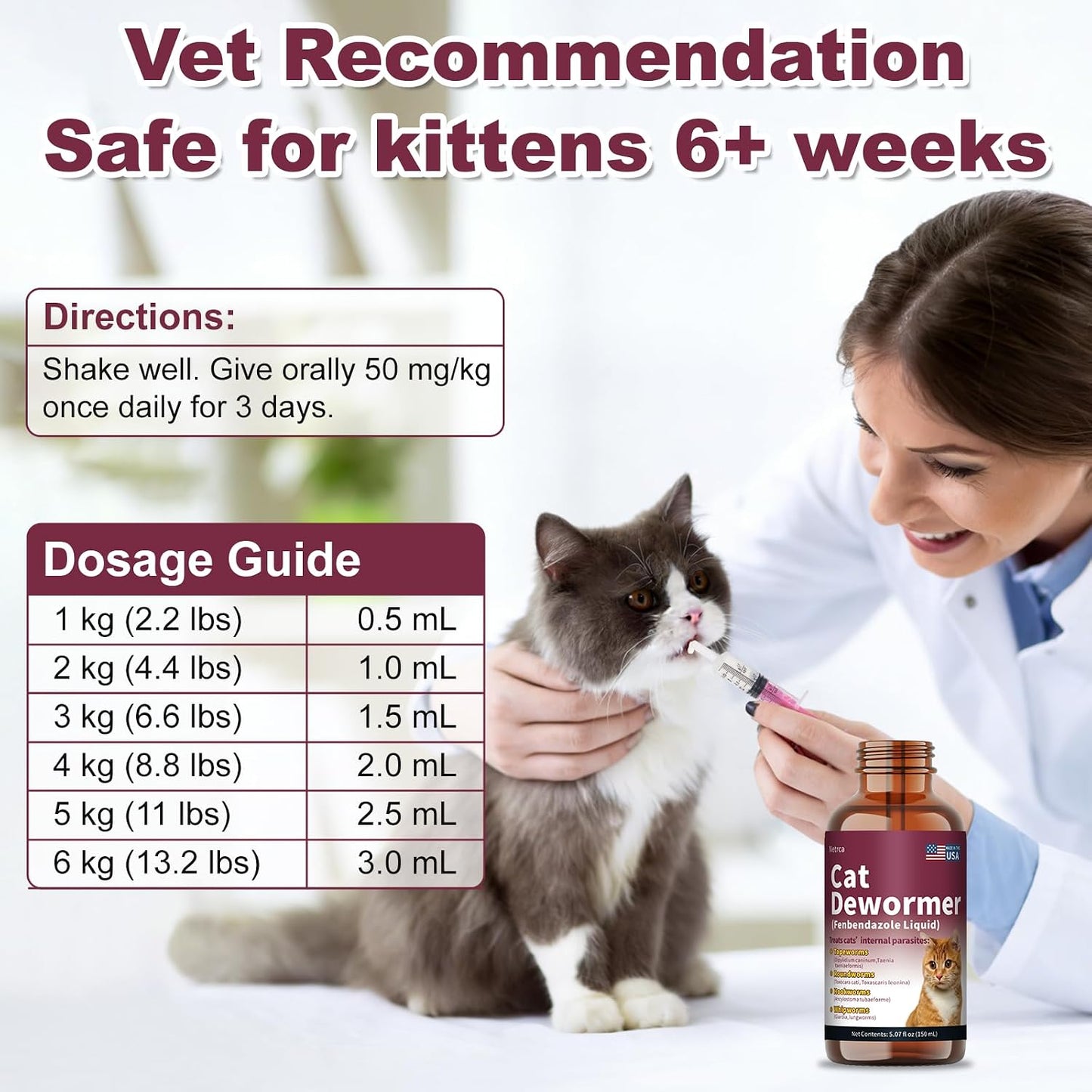 Netrca liquid worm medicine bottle for kittens and adult cats on a plain background