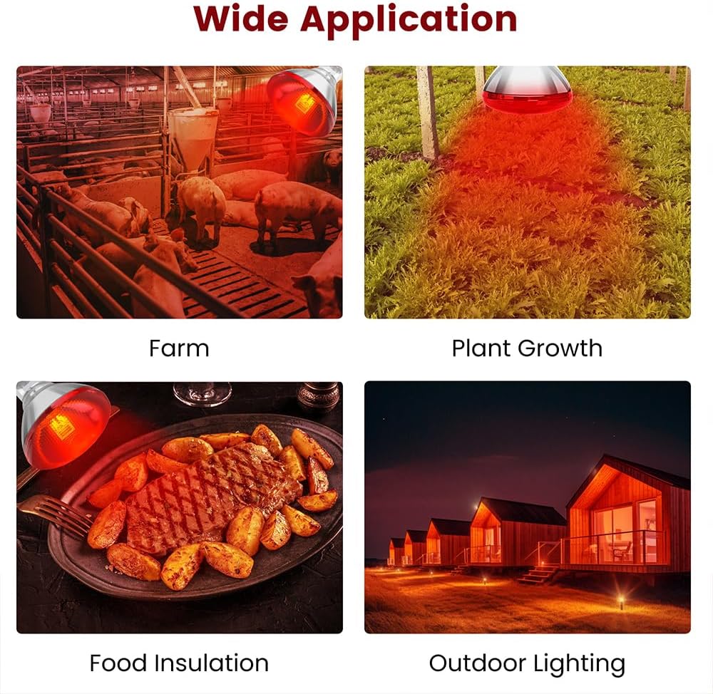 DaToo infrared floodlight bulb emitting a soft red glow for livestock thermal regulation.
