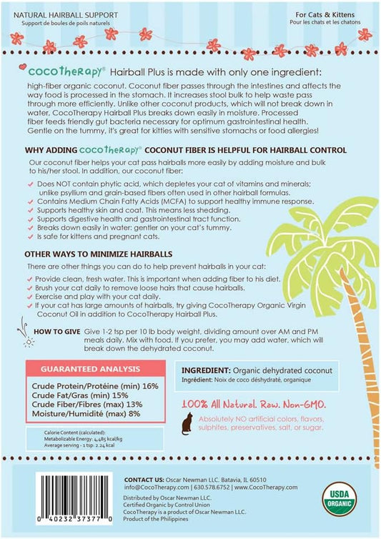 Organic raw dehydrated coconut fiber cat food topper packaging showcasing single ingredient benefits.