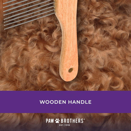 Paw Brothers professional dog dematting comb with stainless steel teeth and wooden handle