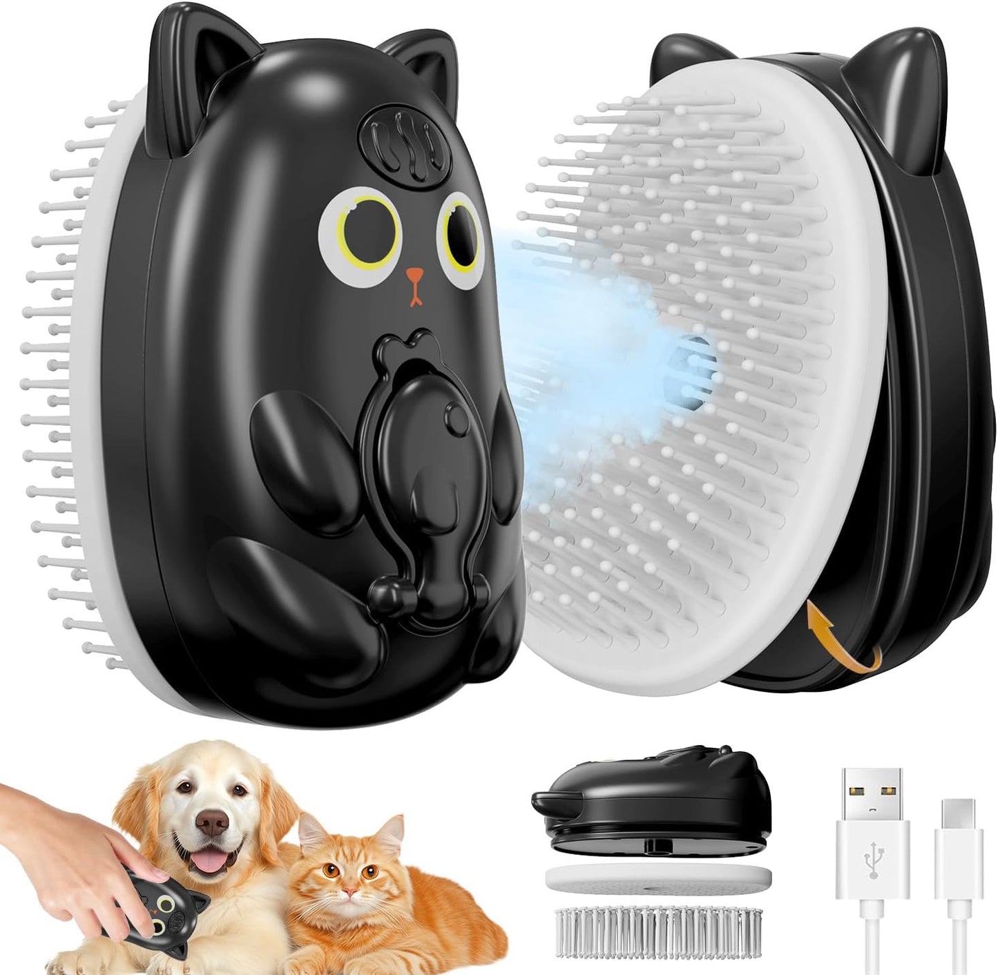 3 in 1 Cat Steam Brush for Shedding, Pet Steam brush for Dog & Cat Shedding & Grooming, for Long & Short Haired Pets, Spritz Defur Comb (black) - Image 11