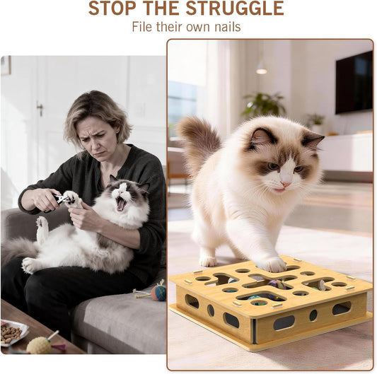 Interactive cat scratch puzzle enrichment box with interior sandpaper pads for natural claw filing.