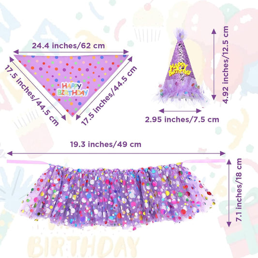 Purple dog birthday outfit with tutu skirt and sparkly crown hat