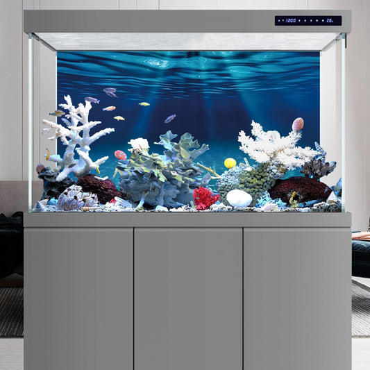 AWERT 48x24 inches undersea theme fish tank backdrop demonstrating realistic marine caustic light patterns.