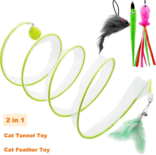 Collapsible cat spring tunnel showing included feather mouse and fish toy refills