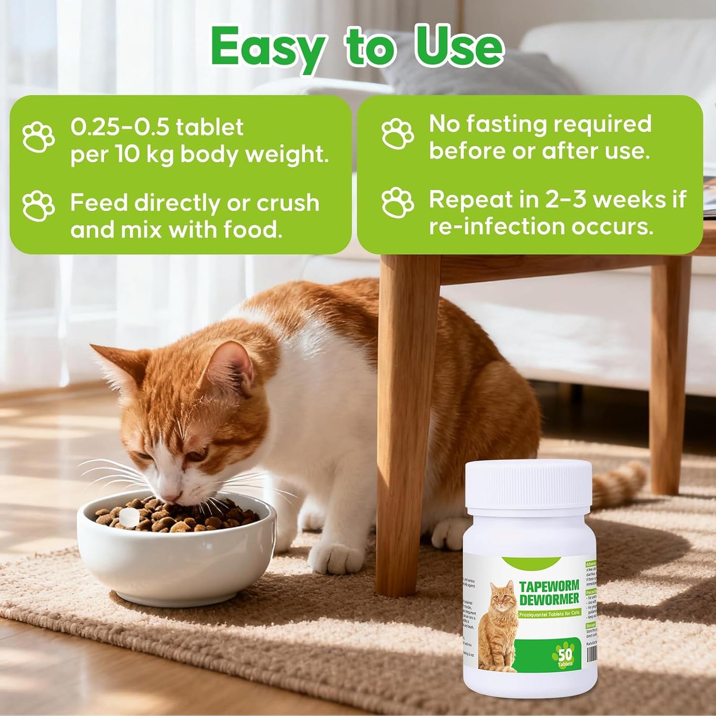 Cat deworming tablets package showing active ingredients and expiration date