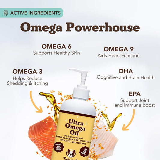 Premium imported fish oil supplement for dogs showing pump applicator for easy meal topping.