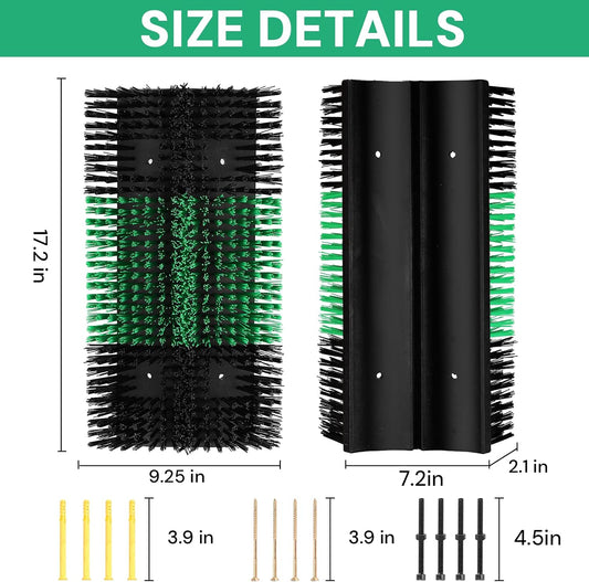 Two livestock scratching brushes showing green and black bristles
