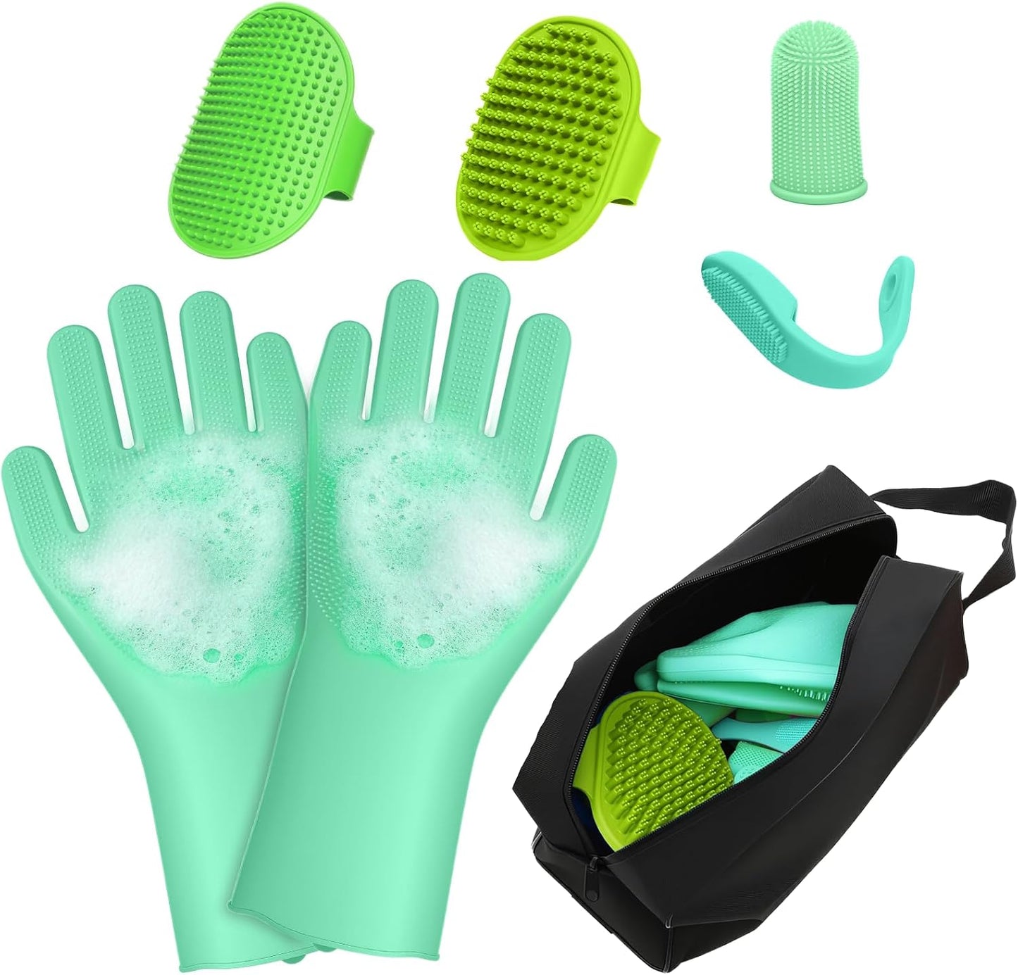 7 PCS Pet Grooming Kit for Dogs and Cats | Dog Washing Gloves | Dog Bath Brush | Cleanroom Gloves | Dog Shampoo Brush | Finger Toothbrushes | Storage Bag | All-in-One Pet Care (Pink) - Image 13