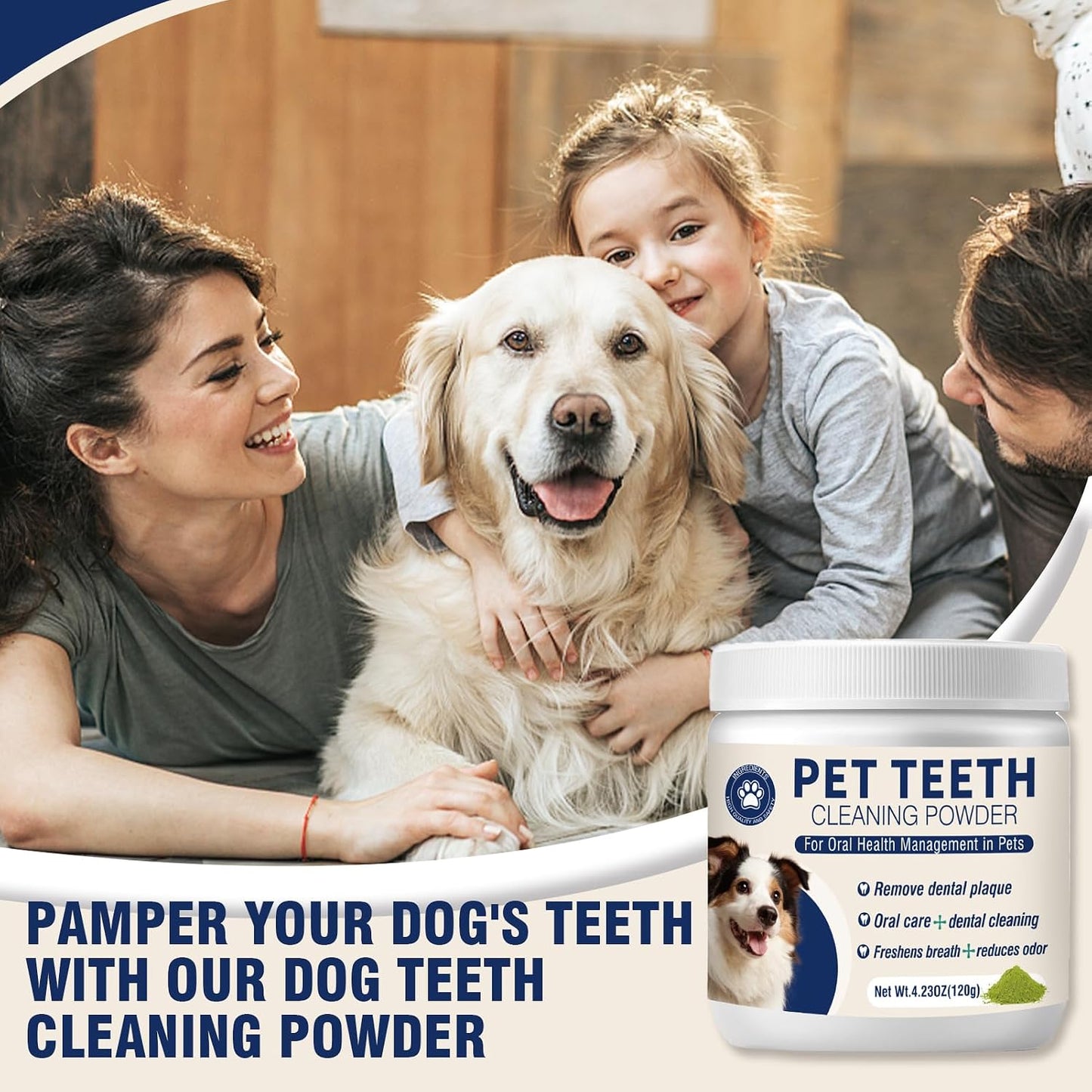 Back label view of Caqorzo pet dental cleaning powder outlining the complete ingredient list.
