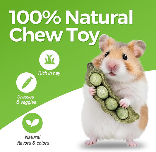 Teewy guinea pig toys peapod shape details showing the twirlable natural grass pellets.