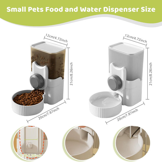Side angle of the 1 Liter gravity auto pet feeder and waterer set illustrating how the bottles detach from the cage bowls.