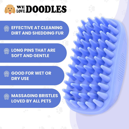 We Love Doodles pet shampoo scrubber with adjustable ring handle for secure grip