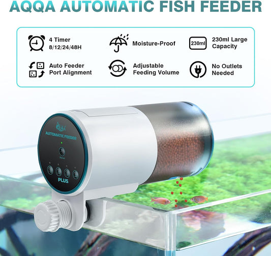 AQQA auto fish food dispenser mounted securely on the side rim of a glass aquarium tank