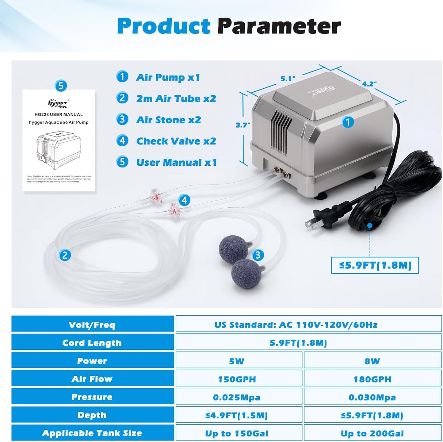 Hygger aquarium air pump showing rubber feet and durable shell design
