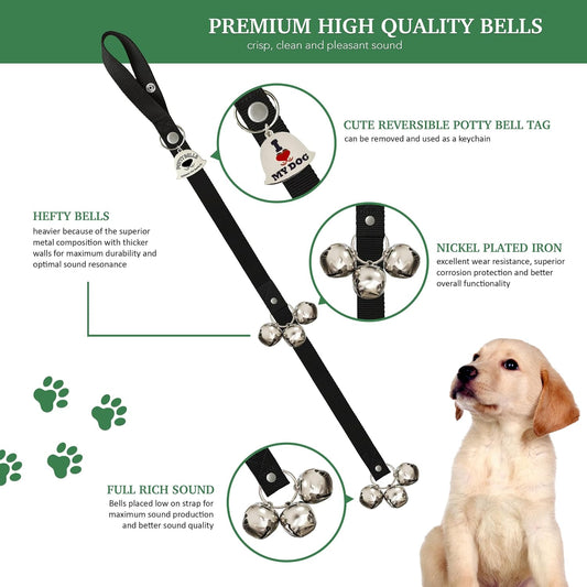 Close up view of nickel-plated alloy bells for dog training.