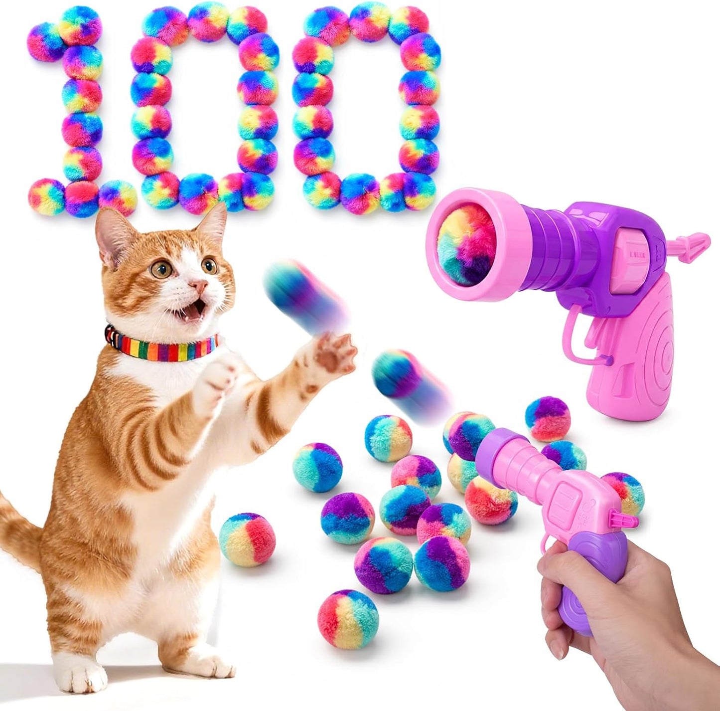 Mity rain 102PCS Cat Ball Launchers & Pom Pom Balls Interactive Cat Toy Set - Safe Soft Plush Kitten Toys for Indoor Cats, Fun Kitten Toys for Endless Active Play (Christmas) - Image 12