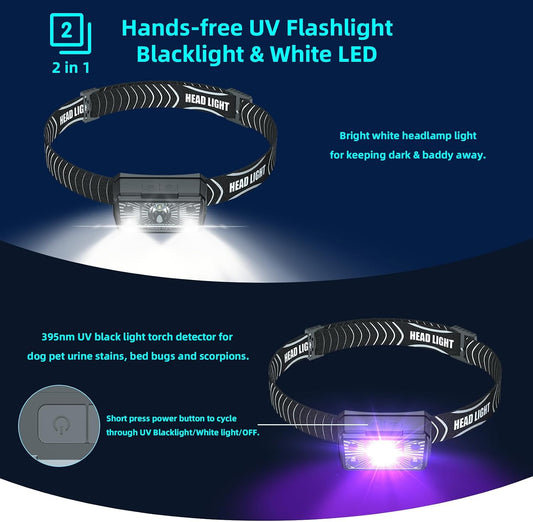 Hands free 395nm blacklight headlight being adjusted with its 45 degree tilt mechanism.