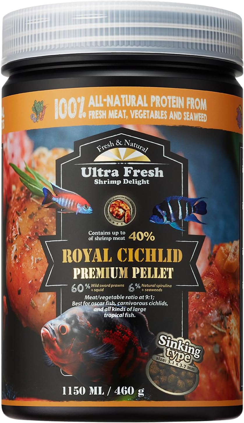 Authentic premium cichlid pellets container for professional aquarium fish keeping.