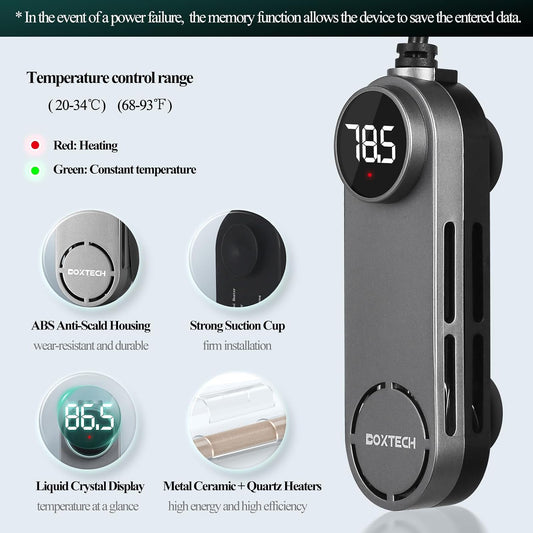 Boxtech 50W aquarium heater showing LED digital temperature display