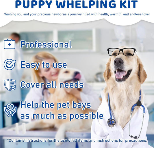 Complete newborn pet birthing supplies laid out including stethoscope digital thermometer and scissors.