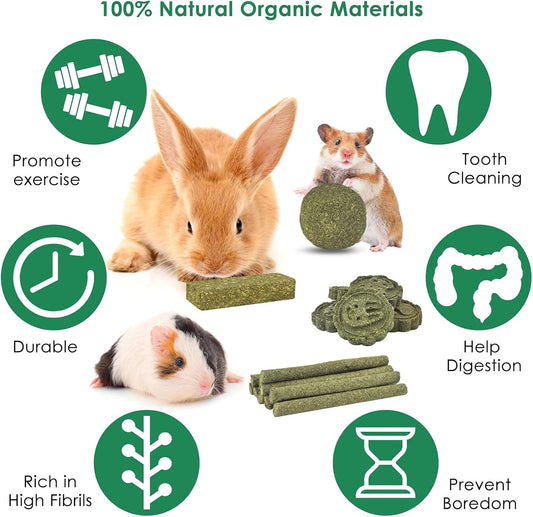 ERKOON 25 pieces rabbit grinding sticks and compressed grass biscuits spread out on a table
