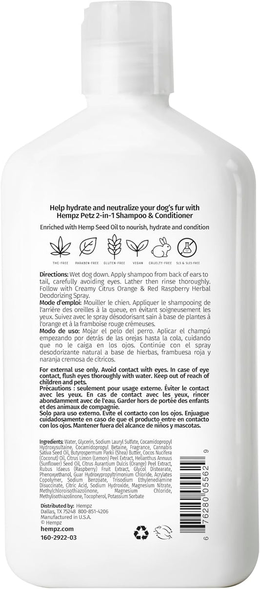 Hempz Petz creamy citrus orange and red raspberry two in one dog wash packaging