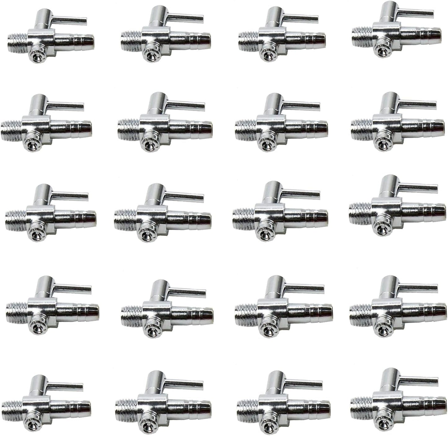 AQUANEAT hydroponics and aquaculture thread valves connecting to standard three sixteenth inch airline tubing.
