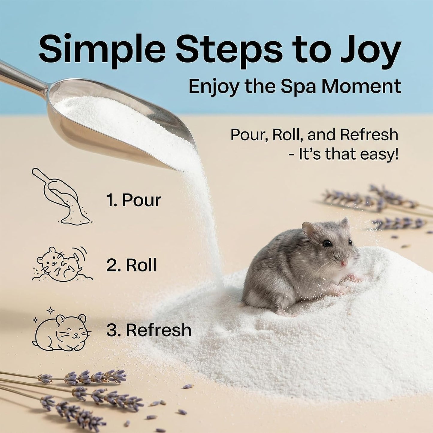 Graphic showing benefits of Sukh silica sand for hamster fur