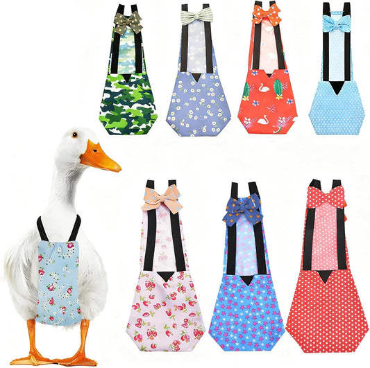 Reusable chicken diaper with adjustable elastic straps and bow details shown flat