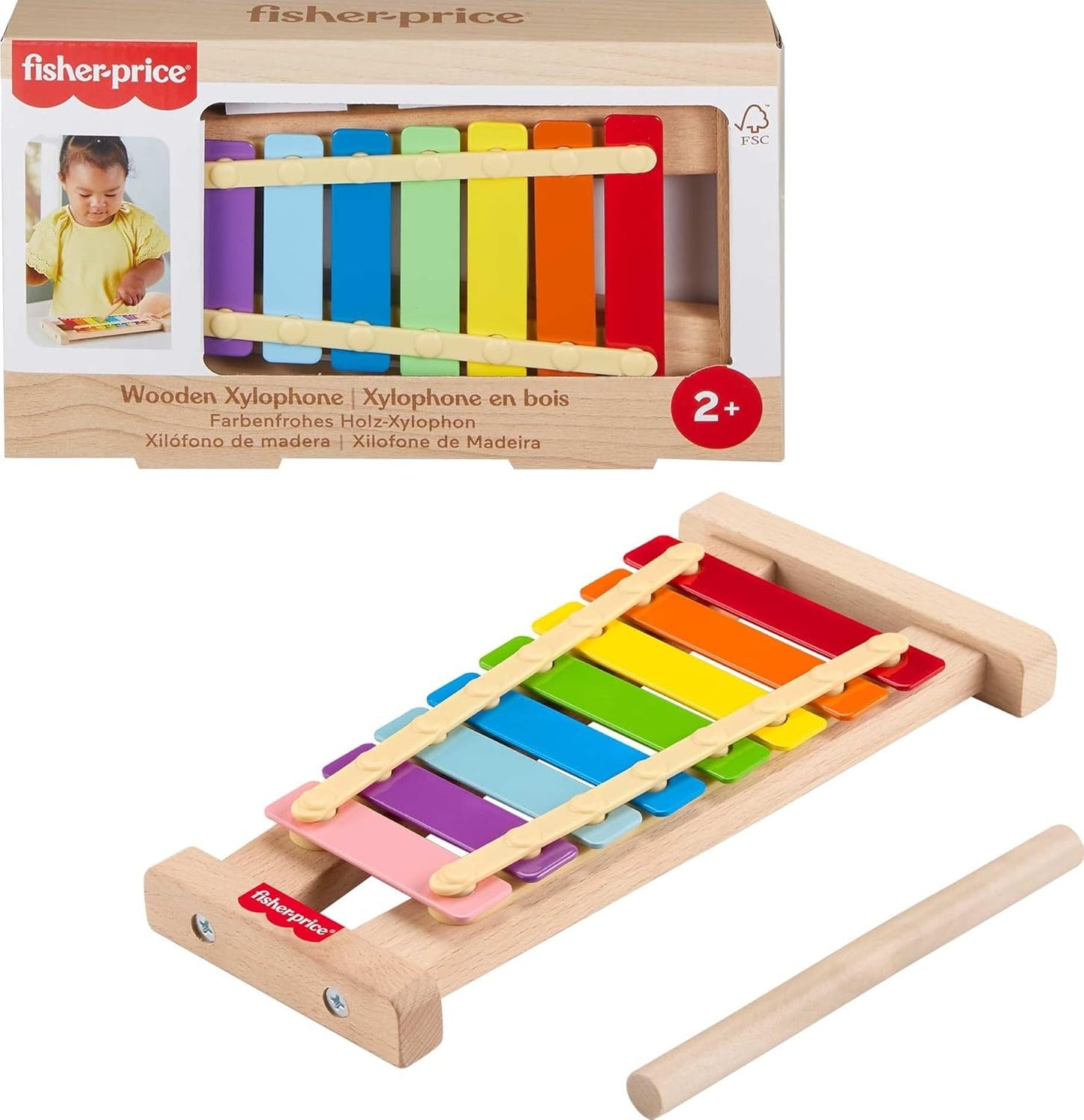 Fisher-Price wood toddler toy xylophone front view showing multicolored metal keys and wooden mallet