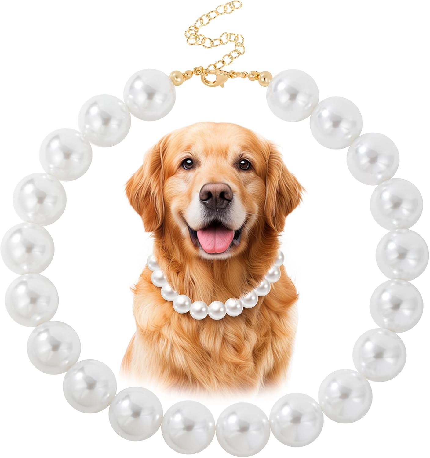 Side angle view of the KYNOX chunky pink pearl pet necklace demonstrating its lightweight construction for large dogs.