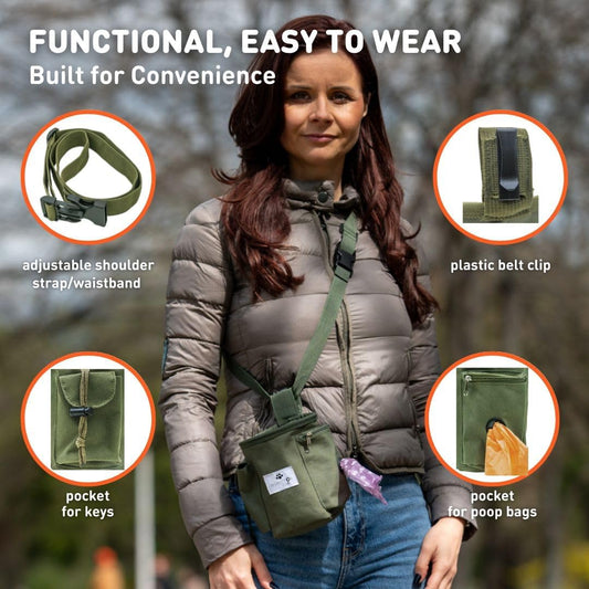 Inspector Tail hands free puppy bag showing the integrated waste bag dispenser on the zippered pocket side