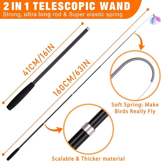 Interactive cat teaser wand with flexible spring steel wire and natural feathers