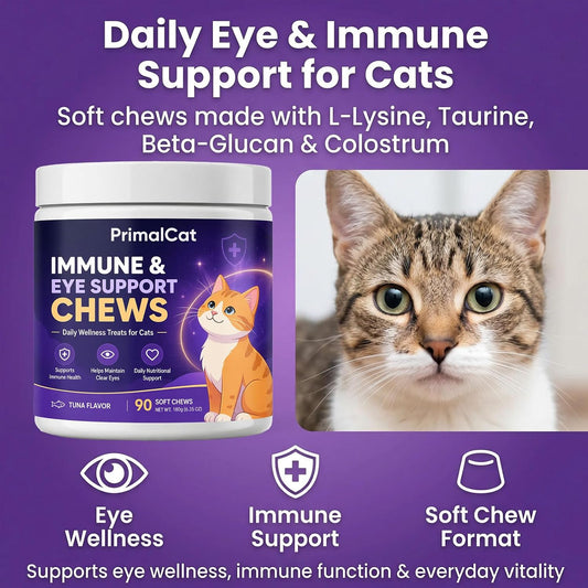 PrimalCat cat supplement packaging showing L-Lysine and Taurine ingredient specifications.