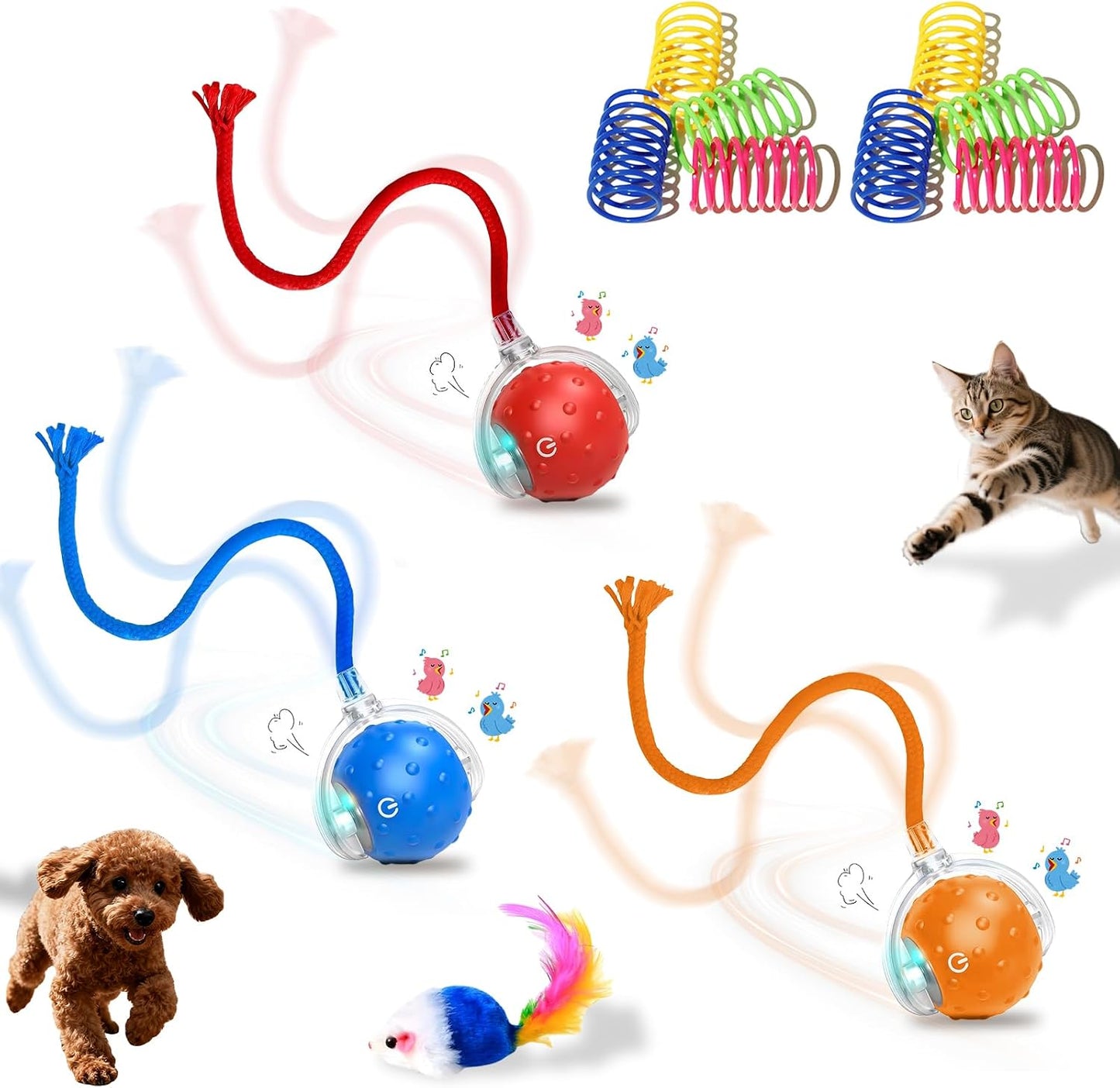 2-Pack Interactive Cat Toys Ball for Indoor CatsDog,Automatic Cat Toy with Smart Obstacle Avoidance&Bird Chirps,Includes 8 Cat Spiral Spring,Cat Enrichment Toys for Indoor Cats(RedBlue) - Image 15