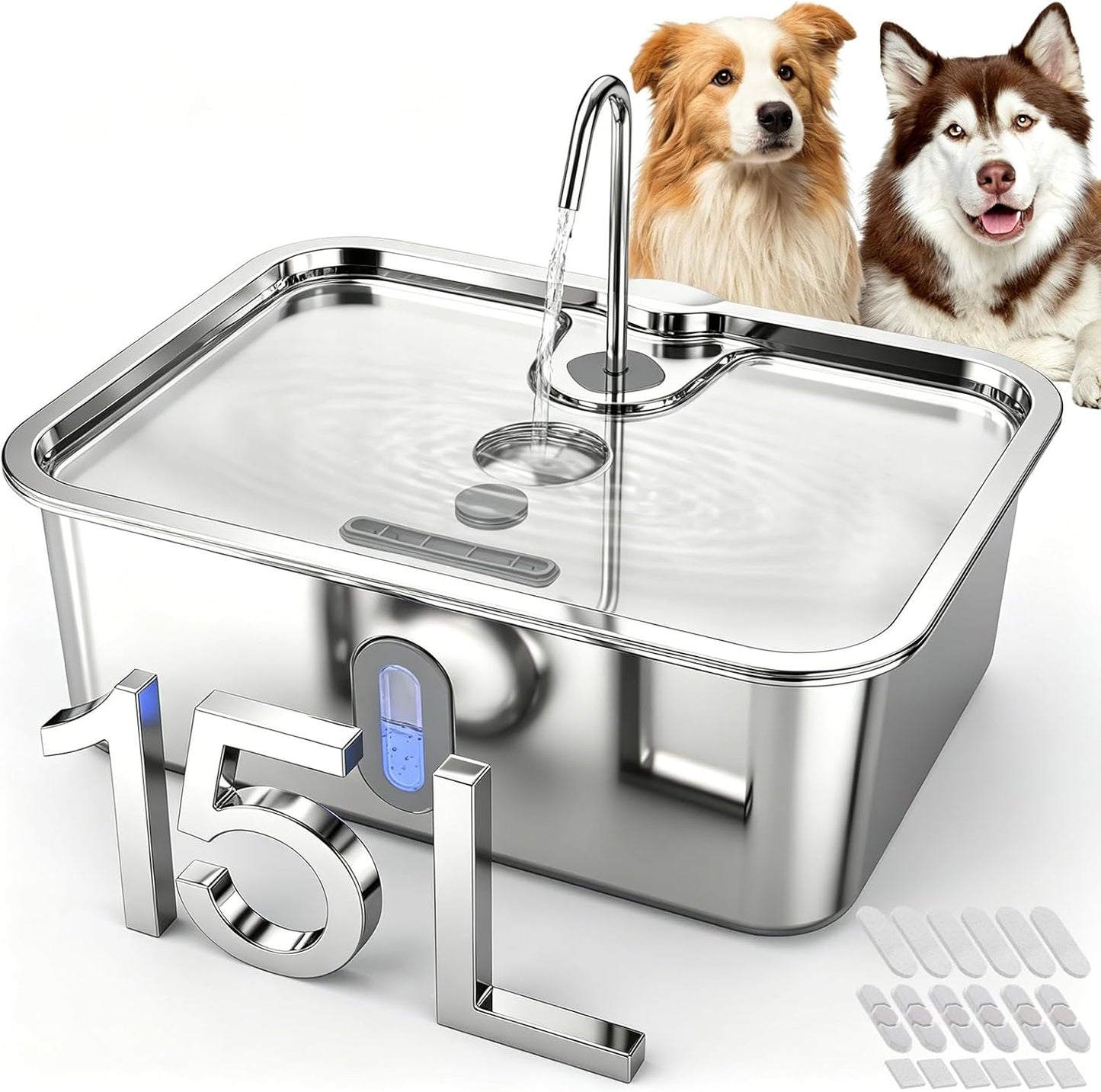 Dog Water Fountion for Large Dogs,15L/4 Gal Stainless Steel Automatic Pet Water Dispenser,Ultra Quiet Dog Fountain Water Bowl with Water Level Window & LED Light, Include 1Set Filter - Image 9