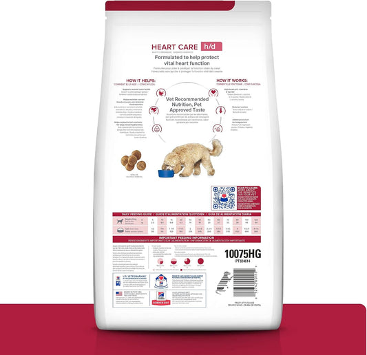 Hill's Prescription Diet cardiac health chicken flavor dry dog food bag close up view.