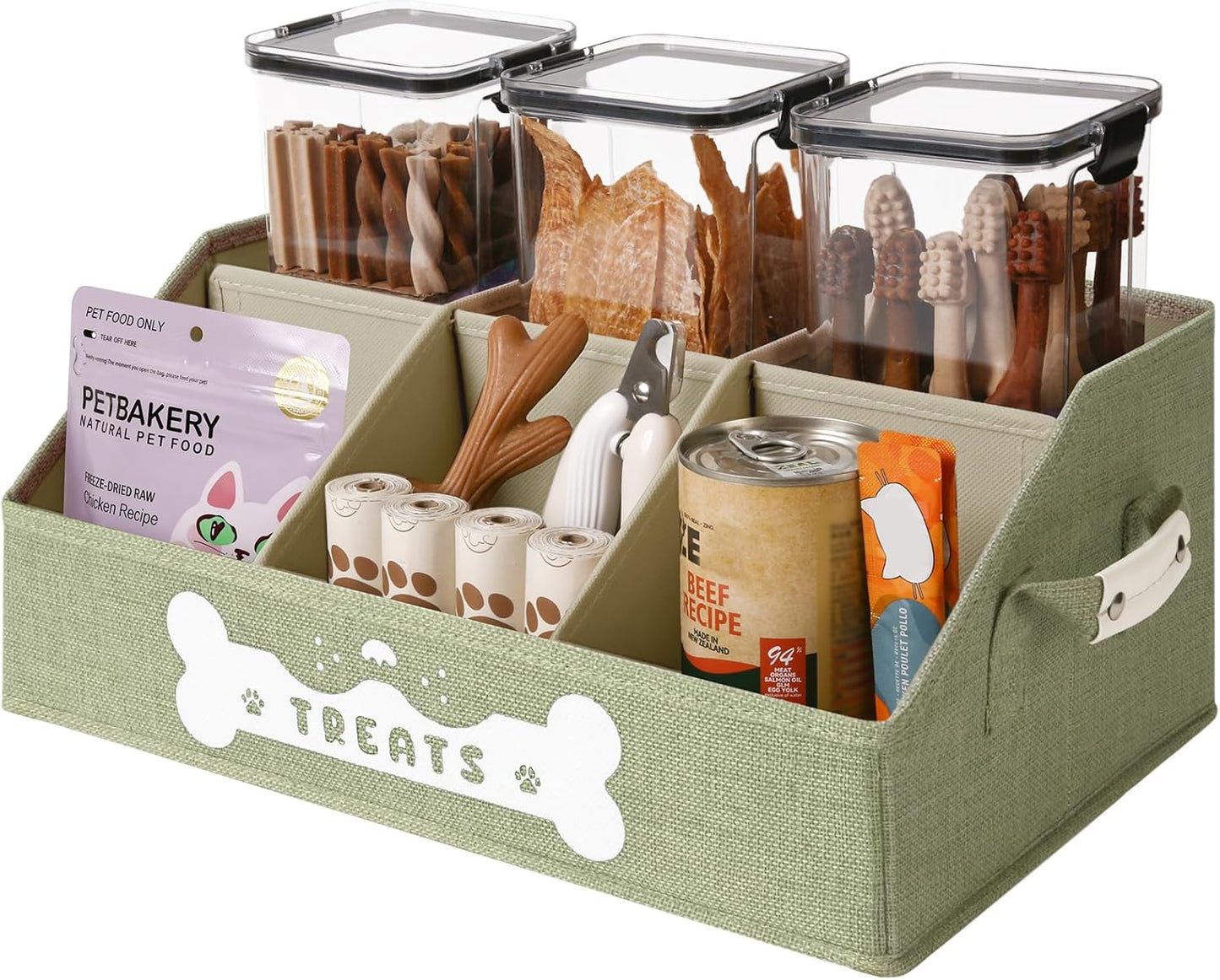 Dog Treat Container, Dogs Storage Organizer with Removable Dividers, Collapsible Dogs Treat Holder for Countertop, Trapezoid Pet Treats Containers, Dog Toy Basket with PU Handles, Medium, Gray - Image 12