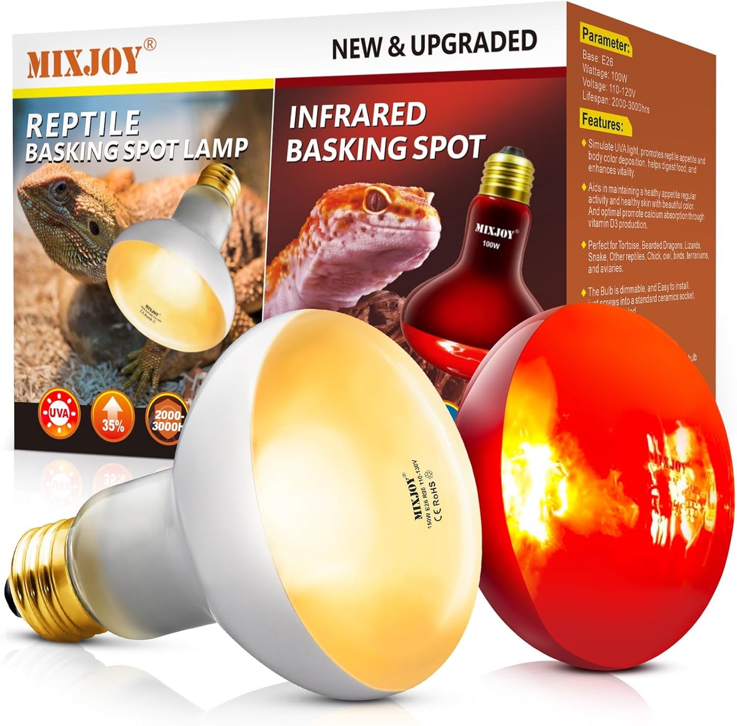 MIXJOY 150W Infrared Heat Lamp Bulbs, 2 Pack Reptile Infrared Heat Emitter Red Heat Lamp Bulbs Basking Light Bulbs for Reptiles, Bearded Dragon, Lizard, Tortoise, Chickens, Pets - Image 9