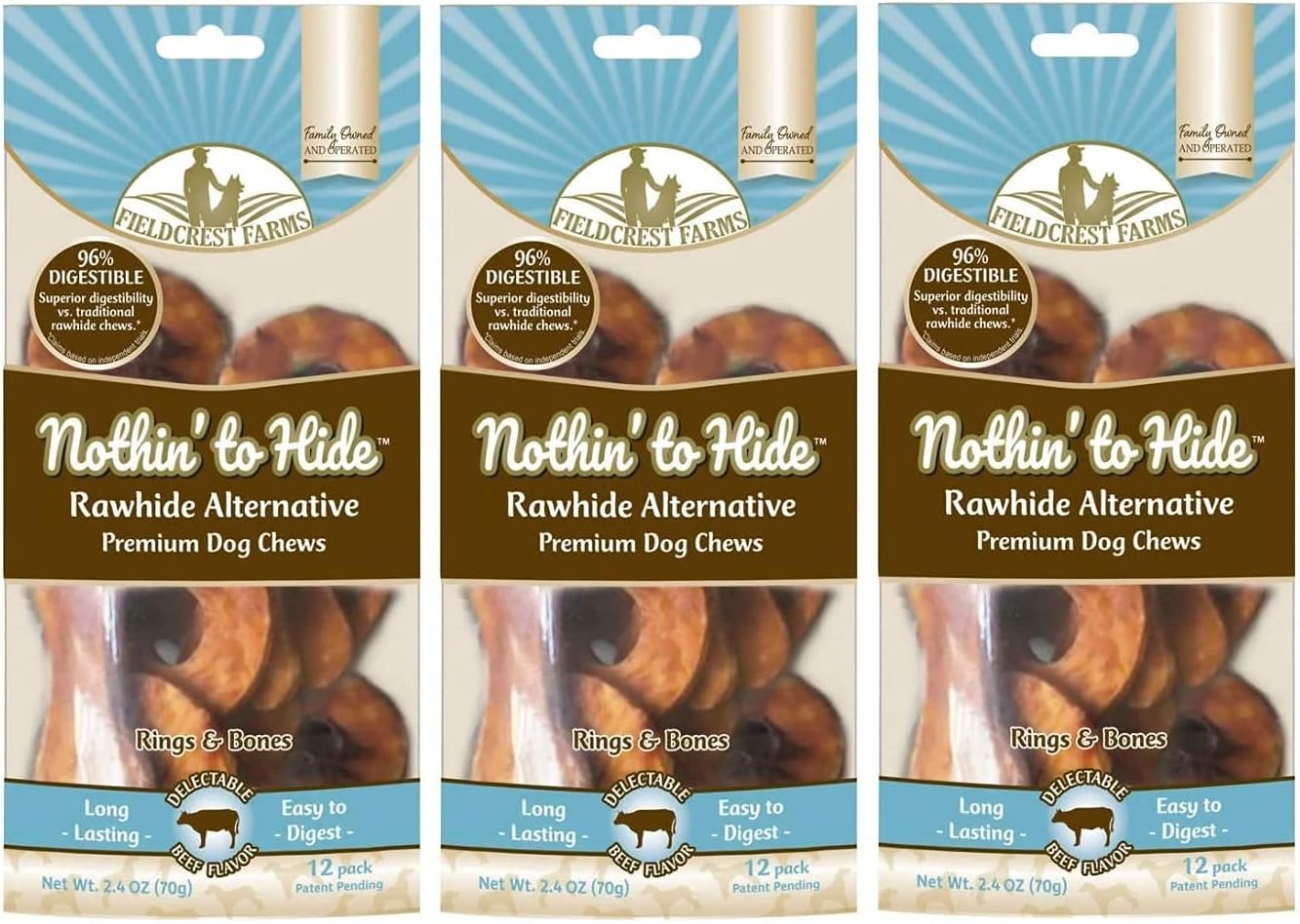 Close up view of Fieldcrest Farms chicken flavored rings and bones pet treats.