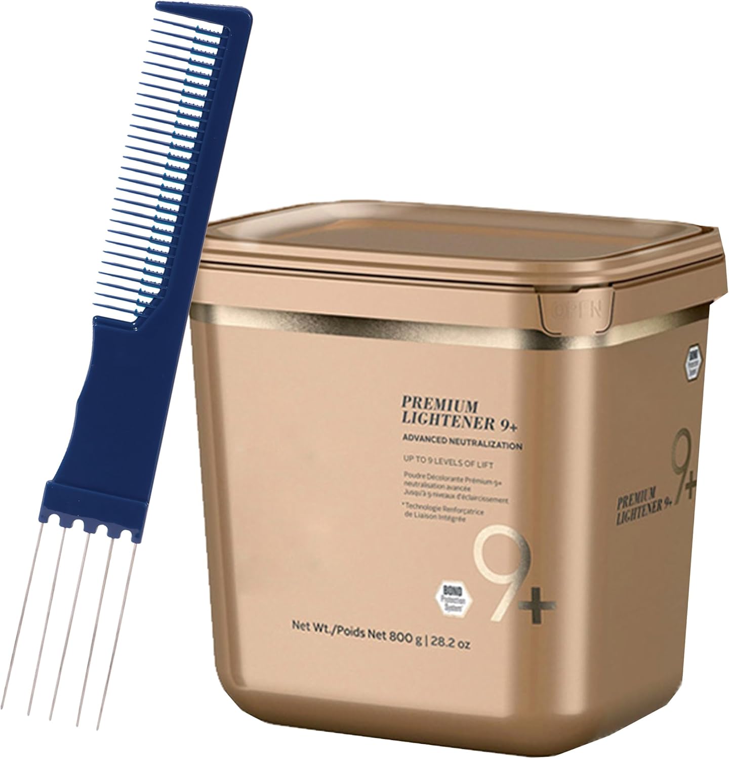 Schwarzkopf BlondMe Premium Lightener 9 Plus powder bleach tub with M Hair Designs tint brush comb front view