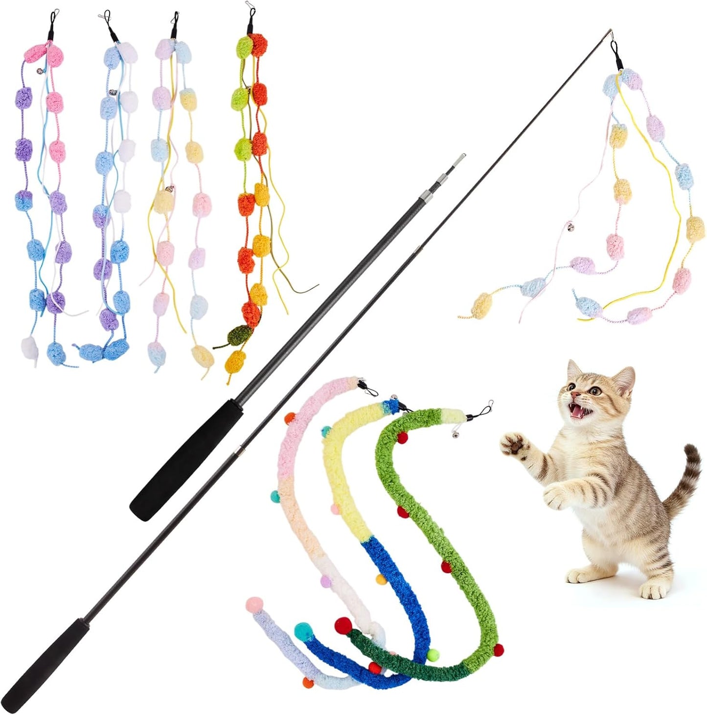 Vibrant pink blue and white plush strip attachments for indoor cat hunting play.