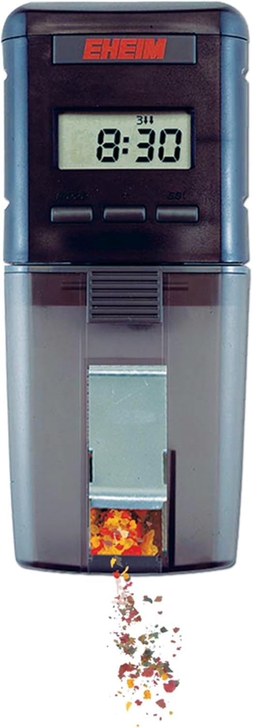 Eheim automatic aquarium feeder showcasing the actively ventilated food drum and mounting bracket.